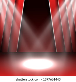 Diseño del Festival Vector con luces. Cartel para concierto, fiesta, teatro, plantilla de baile. Escenario con cortinas. Plantilla de afiches con luces