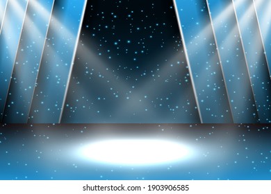 Vector Festive design with lights. Poster for concert, party, theater, dance template. Stage with Curtains. Poster Template with Lights