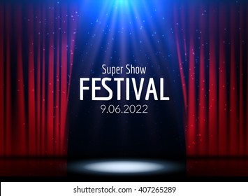 Vector Festive design with lights. Poster for concert, party, theater, dance template. Stage with Curtains. Poster Template with Lights 