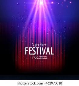 Vector Festive design with lights. Poster for concert, party, theater, dance template. Stage with Curtains. Poster Template with Lights