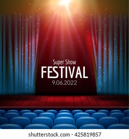 Vector Festive design with lights and wooden scene and seats. Poster for concert, party, theater, dance template. Wooden Stage with Curtains. Poster Template with Lights