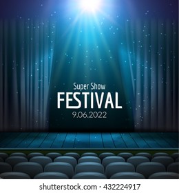 Vektorillustration Festliches Design mit Licht und Holzszene und Sitzgelegenheiten. Poster für Konzert, Party, Theater, Tanzvorlage. Holzbühne mit Vorhängen. Plakatvorlage mit Licht
