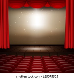 Vector Festive design with lights, wooden scene, seats, red curtains, and screen for copyspace. Poster for concert, party, theater, dance template.