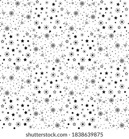 Diseño festivo de vectores. Ilustración sin foco con estrellas plateadas, puntos, copos de nieve esparcidos en un fondo blanco, texturados, artísticos.