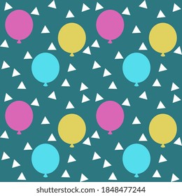 Vector festive design. Seamless pattern with multicolored balloons and white confetti are scattered around on a turquoise background.