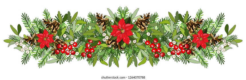 Vector festive element with holly, cones, mistletoe. Hand drawing illustration. New year and Christmas symbols. Holiday border for your design, announcements, postcards, posters.