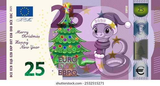 Vector festive fictional banknote of European Union with face value of 25 euros. Cartoon fir tree and cute snake. Symbol of 2025. Merry Christmas and Happy New Year. Game holiday money, certificate.