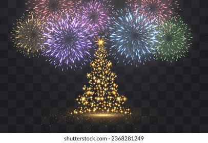 Vector festive fireworks isolated on png. New Year's Eve fireworks with brightly shining sparks. Realistic sparks and explosions. Colorful pyrotechnics show. Vector isolated on png background.