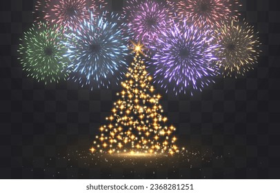Vector festive fireworks isolated on png. New Year's Eve fireworks with brightly shining sparks. Realistic sparks and explosions. Colorful pyrotechnics show. Vector isolated on png background.