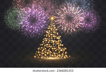 Vector festive fireworks isolated on png. New Year's Eve fireworks with brightly shining sparks. Realistic sparks and explosions. Colorful pyrotechnics show. Vector isolated on png background.
