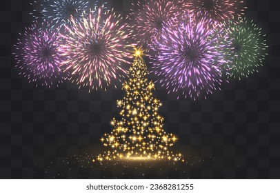 Vector festive fireworks isolated on png. New Year's Eve fireworks with brightly shining sparks. Realistic sparks and explosions. Colorful pyrotechnics show. Vector isolated on png background.