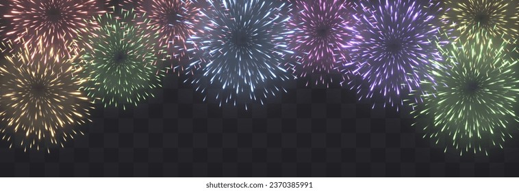 Vector festive fireworks isolated on png. New Year's Eve fireworks with brightly shining sparks. Realistic sparks and explosions. Colorful pyrotechnics show. Vector isolated on png background.