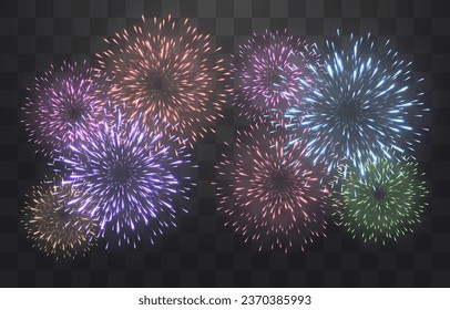 Vector festive fireworks isolated on png. New Year's Eve fireworks with brightly shining sparks. Realistic sparks and explosions. Colorful pyrotechnics show. Vector isolated on png background.