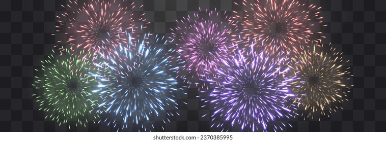 Vector festive fireworks isolated on png. New Year's Eve fireworks with brightly shining sparks. Realistic sparks and explosions. Colorful pyrotechnics show. Vector isolated on png background.