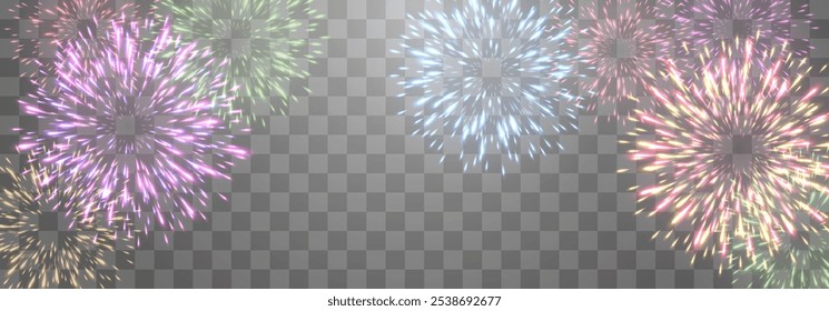 Vector fuegos artificiales festivos aislados en png. Fuegos artificiales de la víspera del año Nuevo con chispas brillantes. Chispas y explosiones realistas. Espectáculo de pirotecnia colorida. Vector aislado sobre fondo png.