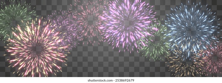 Fogos de artifício festivos vetoriais isolados no png. Fogos de artifício de Ano Novo com faíscas brilhantes. Fagulhas realistas e explosões. Mostra pirotécnica colorida. Vetor isolado no plano de fundo do ping.