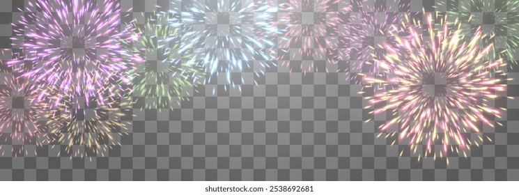 Fogos de artifício festivos vetoriais isolados no png. Fogos de artifício de Ano Novo com faíscas brilhantes. Fagulhas realistas e explosões. Mostra pirotécnica colorida. Vetor isolado no plano de fundo do ping.