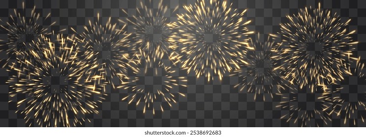 Vector fuegos artificiales festivos aislados en png. Fuegos artificiales de la víspera del año Nuevo con chispas brillantes. Chispas y explosiones realistas. Espectáculo de pirotecnia colorida. Vector aislado sobre fondo png.