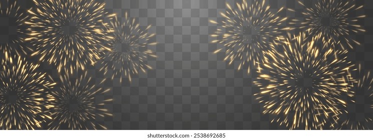 Vector fuegos artificiales festivos aislados en png. Fuegos artificiales de la víspera del año Nuevo con chispas brillantes. Chispas y explosiones realistas. Espectáculo de pirotecnia colorida. Vector aislado sobre fondo png.