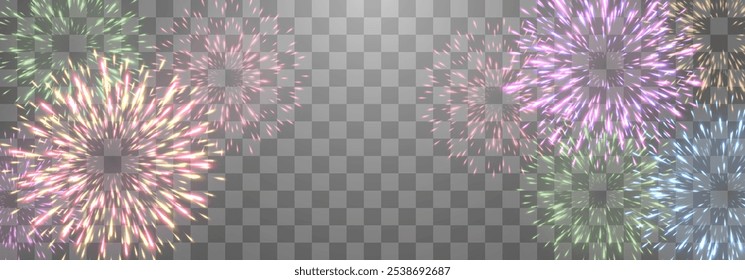 Fogos de artifício festivos vetoriais isolados no png. Fogos de artifício de Ano Novo com faíscas brilhantes. Fagulhas realistas e explosões. Mostra pirotécnica colorida. Vetor isolado no plano de fundo do ping.