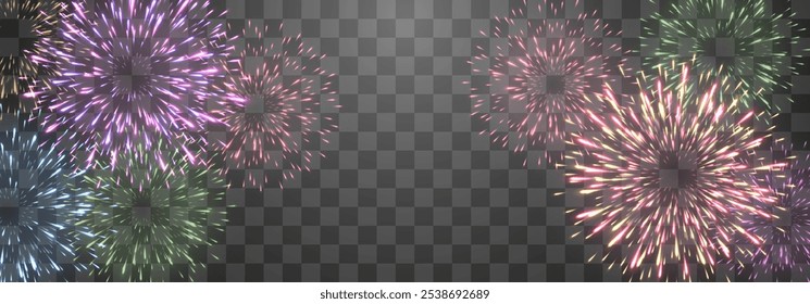 Fogos de artifício festivos vetoriais isolados no png. Fogos de artifício de Ano Novo com faíscas brilhantes. Fagulhas realistas e explosões. Mostra pirotécnica colorida. Vetor isolado no plano de fundo do ping.