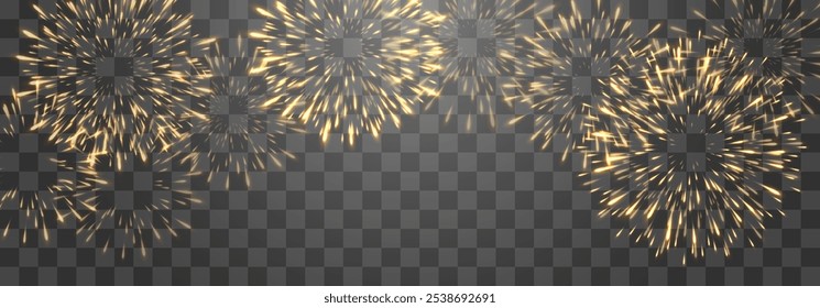 Vector fuegos artificiales festivos aislados en png. Fuegos artificiales de la víspera del año Nuevo con chispas brillantes. Chispas y explosiones realistas. Espectáculo de pirotecnia colorida. Vector aislado sobre fondo png.