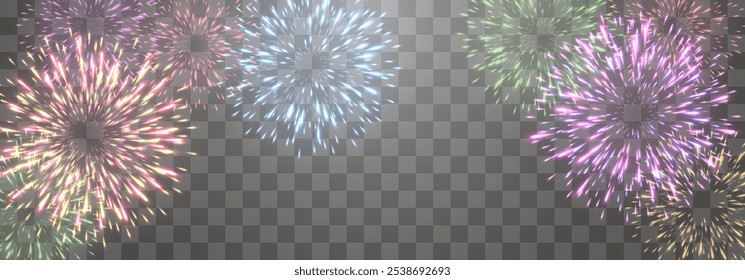 Vector fuegos artificiales festivos aislados en png. Fuegos artificiales de la víspera del año Nuevo con chispas brillantes. Chispas y explosiones realistas. Espectáculo de pirotecnia colorida. Vector aislado sobre fondo png.