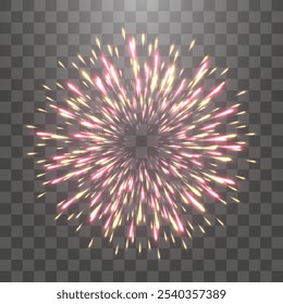 Fogos de artifício festivos vetoriais isolados no png. Fogos de artifício de Ano Novo com faíscas brilhantes. Fagulhas realistas e explosões. Mostra pirotécnica colorida. Vetor isolado no plano de fundo do png