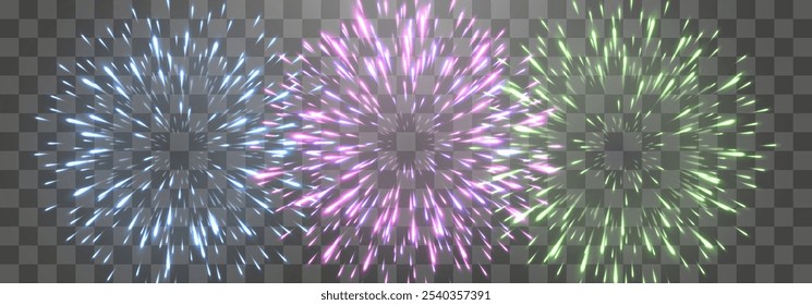 Vector fuegos artificiales festivos aislados en png. Fuegos artificiales de la víspera del año Nuevo con chispas brillantes. Chispas y explosiones realistas. Espectáculo de pirotecnia colorida. Vector aislado sobre fondo png