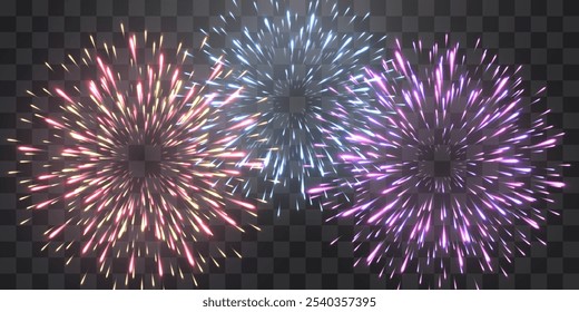 Vector fuegos artificiales festivos aislados en png. Fuegos artificiales de la víspera del año Nuevo con chispas brillantes. Chispas y explosiones realistas. Espectáculo de pirotecnia colorida. Vector aislado sobre fondo png