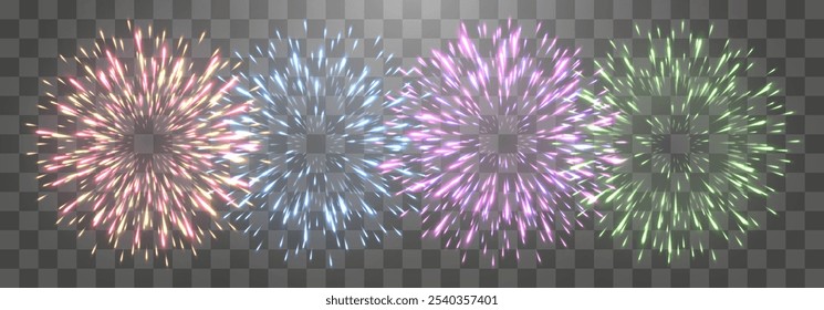 Vector fuegos artificiales festivos aislados en png. Fuegos artificiales de la víspera del año Nuevo con chispas brillantes. Chispas y explosiones realistas. Espectáculo de pirotecnia colorida. Vector aislado sobre fondo png