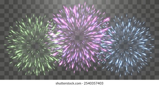 Fogos de artifício festivos vetoriais isolados no png. Fogos de artifício de Ano Novo com faíscas brilhantes. Fagulhas realistas e explosões. Mostra pirotécnica colorida. Vetor isolado no plano de fundo do png