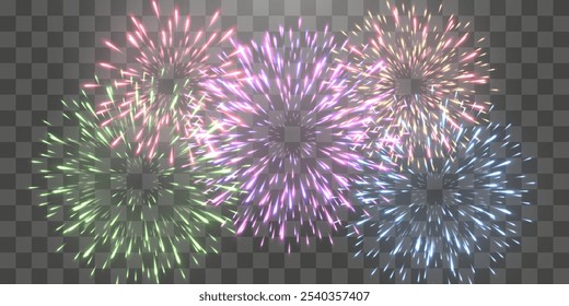 Fogos de artifício festivos vetoriais isolados no png. Fogos de artifício de Ano Novo com faíscas brilhantes. Fagulhas realistas e explosões. Mostra pirotécnica colorida. Vetor isolado no plano de fundo do png