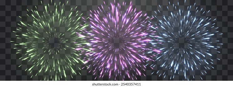 Vector fuegos artificiales festivos aislados en png. Fuegos artificiales de la víspera del año Nuevo con chispas brillantes. Chispas y explosiones realistas. Espectáculo de pirotecnia colorida. Vector aislado sobre fondo png