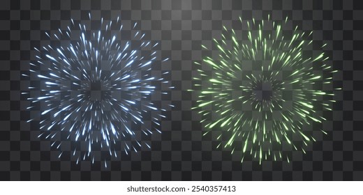 Fogos de artifício festivos vetoriais isolados no png. Fogos de artifício de Ano Novo com faíscas brilhantes. Fagulhas realistas e explosões. Mostra pirotécnica colorida. Vetor isolado no plano de fundo do png