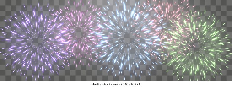 Vector fuegos artificiales festivos aislados en png. Fuegos artificiales de la víspera del año Nuevo con chispas brillantes. Chispas y explosiones realistas. Espectáculo de pirotecnia colorida. Vector aislado sobre fondo png