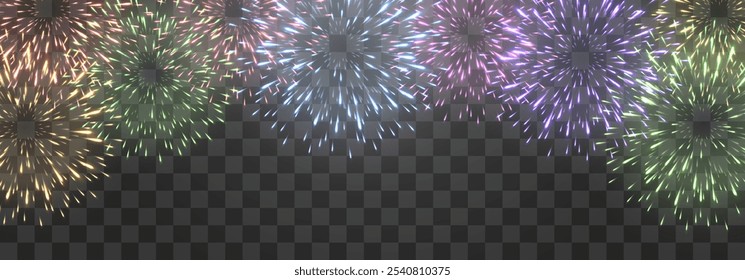 Fogos de artifício festivos vetoriais isolados no png. Fogos de artifício de Ano Novo com faíscas brilhantes. Fagulhas realistas e explosões. Mostra pirotécnica colorida. Vetor isolado no plano de fundo do png