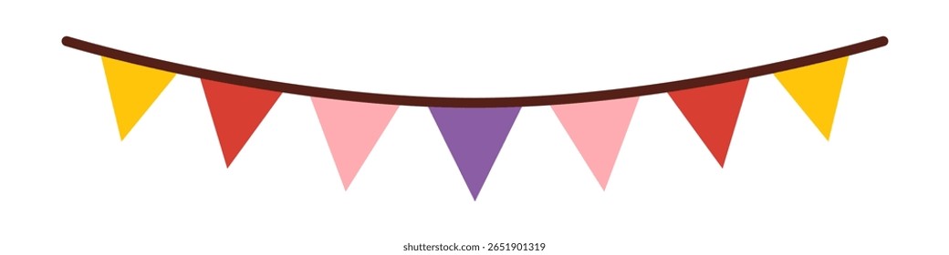 Vector festive flags and buntings in flat style. Cute buntings clipart for birthday, party, celebration, or cheerful decoration. Birthday party colorful flags.