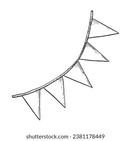 Vector festive flags in paper garland simple black and white graphic illustration for party and holiday celebration