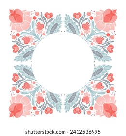 Vector festive floral frame for Valentines day. Decorative folk art card with symmetrical pink flowers, hearts and stems with foliage in pastel colors and copy space for invitation and your creativity