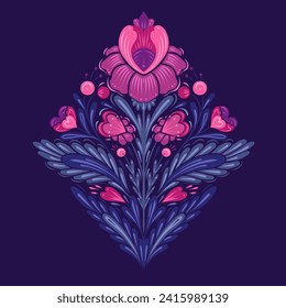 Vector festive floral illustration for Valentines day. Decorative folk art card with symmetrical pink flowers, hearts and stems with foliage on violet background for invitation and your creativity.