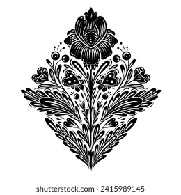 Vector festive floral illustration for Valentines day. Decorative monochrome folk art clipart with tracery black flowers, hearts and stems with foliage for sticker, sublimation and your creativity.