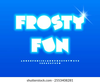 Vector festive flyer Frosty Fun. Big Neon Font. Glowing White Alphabet Letters and Numbers set.