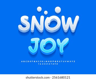 Vector festive flyer Snow Joy. Winter White Font. Playful 3D Alphabet Letters and Numbers set.