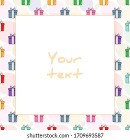 Vector festive frame; square frame with colorful gift boxes for greeting cards, invitations, posters, banners, web design.