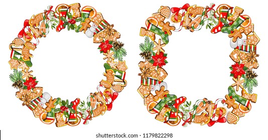 Vector festive frame and wreath isolated on white background. Gingerbreads and New year and Christmas symbols. The pig symbol of the new 2019 year. For your design, announcements, postcards, posters.