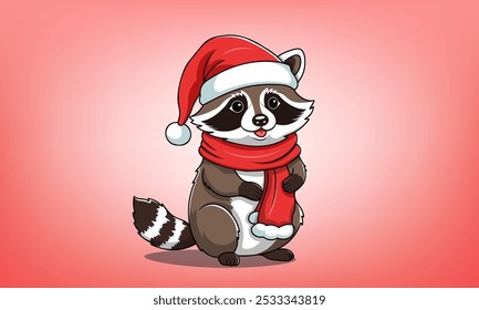 Vector festive funny cute cartoon chubby raccoon in red scarf and Santa hat. Merry Christmas and Happy New Year. Greeting holiday card. Toon cuddly animal.