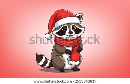 Vector festive funny cute cartoon chubby raccoon in red scarf and Santa hat. Merry Christmas and Happy New Year. Greeting holiday card. Toon cuddly animal.