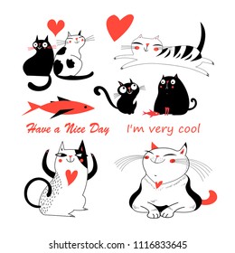 Vector festive funny set of enamored cute cats on a white background. Templates for the design of books, the background for advertising.