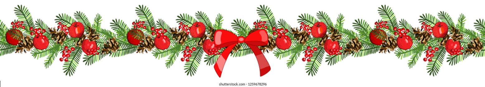 Vector Festive Garland Holly Cones Apples Stock Vector (Royalty Free ...